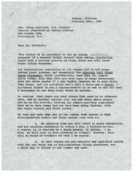 ["The document is from Gladys Shunkanolah Rouvalk, a Full Blood Osage Indian, to U.S. Senator Dewey Bartlett regarding the proposal of a General Tribal Council with voting eligibility based on Osage Blood Quantum. The document highlights grievances such as discrimination, hiring practices, and illegal actions by the current Tribal Council. Rouvalk requests Congress to act upon the change of Tribal Government for the relief of true Osage Indians."]