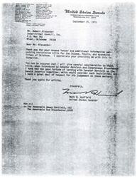 ["The document is a letter from Senator Mark O. Hatfield to Robert Alexander of the Inter-Tribal Council, Inc. thanking him for providing information on restoration bills for the Ottawa, Peoria, and Wyandotte Tribes of Oklahoma. Hatfield assures Alexander that he will carefully consider the bills when introduced by Senator Bartlett and Congressman Risenhoover. Hatfield expresses respect for Senator Bartlett's judgement on these matters."]