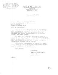 ["The document acknowledges receipt of resolutions requesting repeal of the termination act for the Wyandotte Tribe of Oklahoma and reinstatement of the Peoria, Ottawa, and Modoc Tribes. The office will work with Senator Bartlett to draft legislative language and make efforts to obtain hearings and favorable treatment of the proposed legislation."]