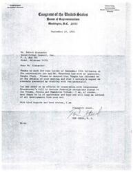 ["Tom Steed, a member of the House of Representatives, expresses his support for a bill to restore federally recognized status to certain tribes. He apologizes for not being able to personally meet with the recipient of the letter and asks to be kept informed of any developments."]