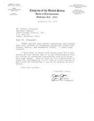 ["James R. Jones, a member of Congress from Oklahoma, received a letter from Mr. Robert Alexander regarding legislation to restore federally recognized status to certain tribes. Jones expressed his support for the cause and stated that he would review and offer assistance with the legislation once it is ready for introduction."]