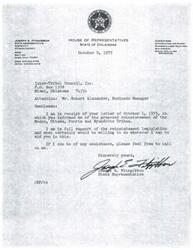 ["State Representative Joseph E. Fitzgibbon received a letter about the proposed reinstatement of the Modoc, Ottawa, Peoria, and Wyandotte Tribes and expressed full support for the legislation. He offered his assistance and contact information for further communication."]
