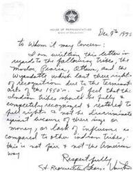 ["The document is requesting recognition and restoration of rights for the Mordor Peoria, Others, and the Wyandotte tribes, who lost their recognition due to the Termination acts of the 1950s. The writer believes that all Indian tribes should be treated equally and not discriminated against based on their size, wealth, or influence. The document is requesting a hearing on this issue."]