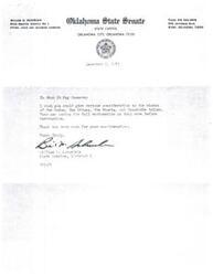 ["William M. Schoenlein, State Senator of District 1 in Oklahoma, is advocating for the full restoration of the Modoc, Ottawa, Peoria, and Wyandotte tribes to their pre-termination status. He urges consideration of their wishes and thanks the recipient for their attention."]