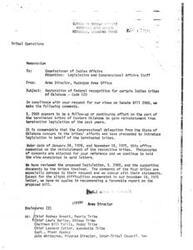 ["The memorandum from the Muskogee Area Office discusses Senate Bill 2968, which aims to restore federal recognition for certain terminated Indian tribes in Oklahoma. The office supports the tribes' efforts and recommends a favorable report on the bill, with minor concerns outlined in previous correspondence. The Congressional delegation from Oklahoma is commended for introducing the legislation on behalf of the tribes. The memorandum includes comments from the tribes involved and is signed by the Acting Area Director."]