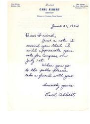 ["The document is a letter from Carl Albert, a member of Congress, asking for re-election and support in the upcoming election on July 1st. He requests that recipients bring a friend to the polls when they go to vote."]