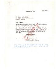 ["The document is from Carl Albert, a member of Congress, to Mr. Harry J. W. Belvin, regarding funds for clerical help for the Choctaw Nation. The Indian Office is not releasing funds for this purpose, but Albert is willing to help if Belvin comes to Washington. Albert is waiting for a report from Muskogee for further information."]