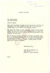 ["The document acknowledges receipt of a postcard inquiring about payment from the sale of coal and asphalt owned by the Choctaw and Chickasaw tribes. It informs the recipient that a voting period on an agreement related to the sale will take place between November 1 and November 30 and advises them to register with the Superintendent of the Five Civilized Tribes in order to participate in the vote. Payment cannot be made until the votes are counted."]