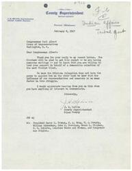 ["The document is a series of letters written by J.H. Belvin, the County Superintendent of Bryan County, to Congressman Carl Albert, Senator E.H. Moore, Congressman W.C. Stigler, and Senator Elmer Thomas regarding the democratic selection of the next Choctaw Chief. Belvin expresses gratitude for their support and requests their influence in obtaining a nominating convention for the Choctaw Chief, regardless of when the selection is to be made. He emphasizes the importance of the Choctaws having a voice in the selection process and seeks assurance that the government will keep its promise."]