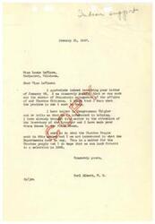 ["The document from Miss Louie LeFlore to Congressman Carl Albert expresses the desire of the Choctaw people in Oklahoma to have a democratic process in selecting their Chief through a nominating convention. They feel that their rights as American citizens are being upheld by requesting this. Miss LeFlore urges Congressman Albert to assist in ensuring that a nominating convention is held in 1948, as promised by previous officials. Congressman Albert responds, expressing his support and willingness to help resolve the issue."]