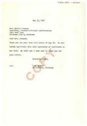 ["The document from Mrs. Myrtle Creason to Honorable Carl Albert expresses gratitude for the assistance provided by his office in tribal matters, specifically regarding the sale of mineral lands belonging to the Choctaw-Chickasaw Confederation. The Confederation, consisting of 10,000 members, appreciates the support of the Oklahoma delegation and thanks Mr. Albert and his office for their cooperation."]