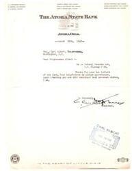 ["The document is a letter from C. C. Stephens, President of The Atoka State Bank, thanking Congressman Carl Albert for his help regarding the Federal Reserve Act and U.S. Highway #69. The document expresses appreciation for Congressman Albert's assistance and best personal wishes."]