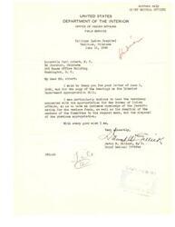 ["The Chief Medical Officer of the United States Department of the Interior's Office of Indian Affairs, based at Talihina Indian Hospital in Oklahoma, thanks Honorable Carl Albert for providing a copy of the hearings on the Interior Department Appropriation Bill. The officer was particularly interested in the testimony related to the Bureau of Indian Affairs funding and the reaction of the Committee members. The document expresses gratitude and well wishes."]