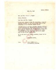 ["The letter is from Carl Albert, a member of Congress, to Rev. and Mrs. Wilson W. Boggan in response to their request for a copy of \"Choctaw Definer\" to assist them in their missionary work with the Chickasaw Indian Nation. Although there is no book by that title, Albert has requested the Smithsonian Institution to send them a copy of Bulletin 46, A Dictionary of The Choctaw Language. He hopes this book will be helpful to them and offers further assistance if needed."]