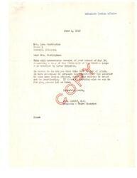 ["Mrs. Lena Washington requested a copy of the dictionary of the Choctaw language compiled by Cyrus Byington, but was informed that the book is out of print and the Secretary of the Interior has decided not to have more copies printed. Congressman ARL Albert expressed regret and offered assistance with anything else she may need."]