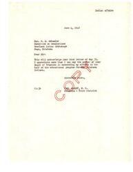 ["The letter acknowledges a letter from the Committee on Resolutions at Goodland Indian Orphanage in Hugo, Oklahoma, commending Carl Jubert for his efforts in supporting the educational program for Oklahoma Indians. Jubert expresses his gratitude for the recognition."]