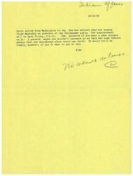 ["Beryl called to inform that Floyd Maytubby will be named governor of the Chickasaws again, with the official announcement to be made the next day. It is mentioned that there have been requests for the Chickasaws to elect their own chief. Rex Lee from the Bureau of Indian Affairs advised not to announce it before the official announcement and inquired about Carl's return."]