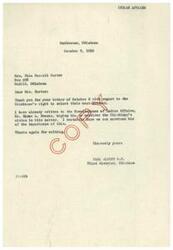 ["The document is a response from Carl Albert, a representative from Oklahoma, to a letter from Mrs. Eula Russell Carter regarding the Chickasaw's right to select their next governor. Albert assures Mrs. Carter that he has written to the Commissioner of Indian Affairs to urge consideration of the Chickasaw's wishes on the matter."]