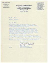 ["The document is from Carl Albert, a member of Congress from Oklahoma, in response to a petition regarding the Talihina hospital. He states that adjustments will be made to retain employees and provide opportunities for nursing assistants. The document also mentions that the average employment at the hospital this year will be the highest in its history. Albert thanks the recipient for bringing the matter to his attention and offers to help in any way possible."]