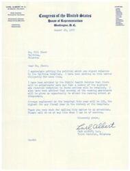 ["The document from Carl Albert, a congressman from Oklahoma, addresses a petition regarding the Talihina hospital. He mentions adjustments being made by the Public Health Service to retain employees who received reduction notices. He also notes that nursing assistants will have the opportunity to attend nursing school in Albuquerque. The document ends with appreciation for bringing the matter to his attention and offering his assistance."]