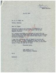 ["The document consists of correspondences between various parties regarding the employment application of Mr. W. F. Logan, Sr.'s son and daughter-in-law at Talihina Hospital. The Indian Health Area Office explains the regulations and preferences for employment at the hospital, stating that individuals with one-fourth degree Indian blood are given preference. The office requests a complete report on the application for employment and assures further assistance if needed. Congressman Carl Albert also responds to Mr. Logan, assuring him that he is looking into the matter and will provide a report once received."]