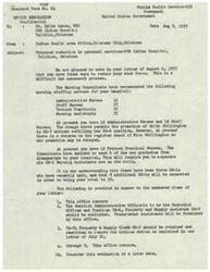 ["The memo discusses a proposed reduction in personal services at the PHS Indian Hospital in Talihina, Oklahoma. The Nursing Consultants have recommended a specific staffing pattern, which includes promoting an employee to GS-7 and sending new graduates to the hospital. The memo also addresses the abolishment of certain positions and concurs with various recommendations made by Dr. Sylvia Adams."]