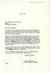 ["Mrs. Rebecca Potts Phillips was denied admission to the Talihina Indian Hospital because she is only one-fourth Choctaw Indian and married to a non-Indian. The Public Health Service policy only allows members of the Oklahoma Five Civilized Tribes who are one-half or more degree Indian blood to receive health care. Congressman Carl Albert tried to assist her but was unable to help. Phillips was advised to seek medical care elsewhere."]