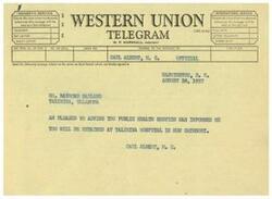 ["The document includes messages regarding employment at Talihina Hospital and Indian Health Service, as well as information about different classes of service for telegrams. There is also mention of a termination letter due to reorganization and lack of funds. The document also mentions the company's appreciation for feedback from its patrons regarding its service."]