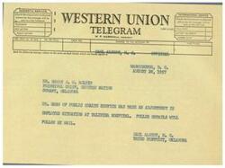 ["The document is about sending a telegram to inform someone about an adjustment in an employee situation at Talihina Hospital. The message is from Carl Albert, M. C. to Harry J. W. Belvin, Principal Chief of the Choctaw Nation. Belvin is asked to help address the issue and attend a meeting with a subcommittee of the Inter-tribal Council. The message also mentions the possibility of getting Dr. Vanderhook or Ernest N. B. Johnson involved in resolving the issue."]