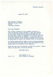 ["Miss Ramona J. McIntyre wrote to Honorable Carl Albert expressing concern about the proposed reduction in force at Talihina Indian Hospital. Carl Albert reassured her that adjustments will be made and some employees will be retained, with opportunities for nursing assistants to attend nursing school in Albuquerque. He also clarified that Congress had appropriated more money for the Indian Health Service that year. McIntyre had previously written to request more funds for the deficient operation of Talihina Medical Center."]