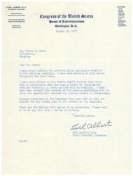 ["Carl Albert, a congressman from Oklahoma, received a petition about the Talihina hospital and has been working on the matter. The Public Health Service has advised him that adjustments will be made and some employees who were laid off will be retained. Nursing assistants will also have the opportunity to attend nursing school. The hospital's employment this year will be the highest in its history. Albert thanked the sender for bringing the issue to his attention and offered to help in any way."]