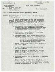 ["The memo outlines proposed reductions in staff positions at the PHS Indian Hospital in Talihina, Oklahoma, due to budgetary limitations. Various positions are to be abolished, combined, or changed, and some vacant positions will not be filled for the fiscal year. The memo also discusses changes in salary allocations and agreements to accept new staff members from a TPN school. The reduction-in-force actions are to be taken promptly, with assistance available to solve any problems that may arise."]