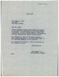["Mrs. Maggie M. James inquired about the eligibility requirements at the Indian Hospital at Talihina. Congressman Carl Albert forwarded her inquiry to the Public Health Service, which explained that health care is provided to specific individuals based on their Indian blood degree. A restricted Indian woman married to a non-Indian or non-restricted Indian is eligible for free health services if her husband cannot provide them and there are no available State or county hospitals. Congressman Albert assured Mrs. James of his interest in her welfare and promised to provide further information after receiving a report from the Department."]
