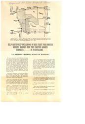 ["Portion of a pamphlet, \"Help Southwest Oklahoma in Her Fight For Unified Missile Ranges for the Unified Armed Services....In Wasteland\" -- \"In Southwest Oklahoma we have no wasteland\". The map is the affected area to present the Fort Sill missile range and IMPACT area."]