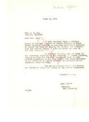 ["Mrs. Cox received a petition opposing the extension of time for leasing Choctaw and Chickasaw lands for coal and asphalt. The Assistant Secretary of the Interior plans to have a conference soon to reach an agreement on the purchase price of the lands. Carl Albert, the representative, assures Mrs. Cox that he will resist any efforts to delay the matter."]