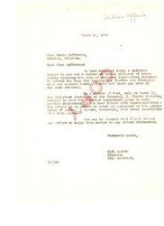 ["The document is informing Miss Carl Albert Jefferson about a petition opposing legislation to extend the time for leasing Choctaw and Chickasaw lands. The Interior Department plans to have a conference to negotiate the purchase price of the lands, and the sender will resist any effort to delay the matter."]