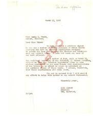 ["Miss Carl Albert Fryer received a letter from Carl Albert stating that there is no proposed legislation to extend the time for leasing Choctaw and Chickasaw coal and asphalt lands. The Interior Department plans to have a conference with tribal representatives to reach an agreement on purchase prices for the lands, and Carl Albert will resist any delay in the matter."]