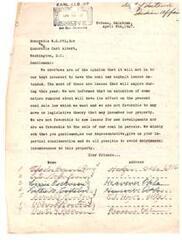 ["A letter written by members of the Choctaw tribe in Poteau, Oklahoma expressing their opposition to extending coal and asphalt leases, as well as new leases for development. They request their representatives in Washington, D.C., Honorable W.G. Stigler and Honorable Carl Albert, to consider their concerns and avoid any actions that may harm their property. The document is signed by several individuals from different locations in Oklahoma."]
