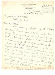 ["A letter dated May 24, 1947, addressed to Congressman Carl Albert from the Indian Presbytery of the Synod of Oklahoma expresses concern about the state of Indian schools in South Oklahoma. The writer, R. M. Firebaugh, superintendent of the Presbytery, emphasizes the need for improvement in these schools for the advancement of the Choctaw people both socially and religiously. The document requests continued support from Congressman Albert."]
