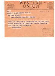 ["This text is a communication regarding a telegraph or cable message sent to Carl Albert about funding for an Indian school. The sender, Tom Cooper, emphasizes the importance of the issue and asks for support."]