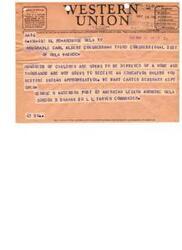 ["The document is a telegram sent to Congressman Carl Albert requesting the restoration of Indian appropriation to keep Carter Seminary open. It highlights the impact on children and education if the funding is not restored. The telegram is signed by George R. Anderson and Gordon B. Shahan from the American Legion in Ardmore, Oklahoma. The document also mentions that the company appreciates suggestions from its patrons regarding its service."]