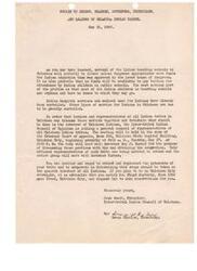 ["The notice informs leaders of Oklahoma Indian tribes that Indian boarding schools may be closed due to lack of funding, and funds for tuition at public schools may not be available. Indian hospital services are already being reduced, and other services for Indians in Oklahoma will also be cut. A meeting is called for representatives of all Indian tribes to discuss Carl Albert these issues and determine a course of action. The leaders are urged to attend and represent their tribe's interests."]