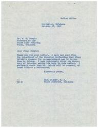 ["The document is from W.F. Semple to Honorable  Carl Albert, expressing support for the re-appointment of James Belvin as Tribal Chief of the Choctaw Tribe. Semple emphasizes Belvin's effectiveness in the role and the importance of his continued leadership for the Tribe's interests. He requests Albert's recommendation to the Department for Belvin's retention."]