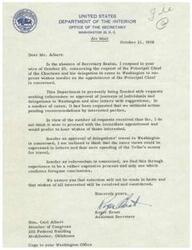 ["The Assistant Secretary of the United States Department of the Interior responds to a request from the Principal Chief of the Choctaws and his delegation to come to Washington to express wishes regarding the appointment of the Principal Chief. The Department is receiving many similar requests and suggests that views could be expressed in letters instead of traveling to Washington, which would save money. The selection process will not be rushed and all interested parties' wishes will be considered."]