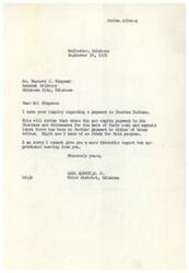 ["The document is a response to an inquiry about payments to Choctaw Indians for the sale of their coal and asphalt lands. The writer states that there have been no further payments to the tribes and there are currently no funds available for this purpose. The writer acknowledges the inquiry and expresses regret that they cannot provide a more positive update."]