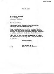 ["Mr. McIntosh inquires about the possibility of an Indian per capita payment for the year. Carl Albert, a member of Congress, responds that the claims of the Choctaws and Chickasaws have been completed and there is nothing pending before the Indian Claims Commission. He assures Mr. McIntosh of his willingness to help in any way."]
