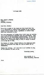 ["Mrs. Sarah E. Basden wrote to Congressman Carl Albert inquiring about a rumor that the United States Government is making final payments to all American people with Indian blood, regardless of enrollment. Congressman Albert responds, stating that there is no truth to the rumor and that possession of Indian blood does not automatically entitle one to benefits. He offers to assist Mrs. Basden in determining her tribal affiliation and clarifies that each tribe has its own enrollment qualifications."]