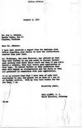 ["Mr. Roy L. Bohanan, a Choctaw M-142, wants the restrictions removed from his land so he can borrow money against it. The Muskogee Area Office is hesitant to approve the removal as they fear he may lose his property if he is unable to repay the mortgage. They have asked him to discuss his problem further with their Field staff before making a decision. Congressman Carl Albert has been informed of the situation."]