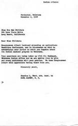 ["Miss Eva Mae Childers from Long Beach, California, wrote to Congressman Carl Albert inquiring about the Indian medical program in Oklahoma. In response, Charles L. Ward, on behalf of Congressman Albert, acknowledged her letter and stated that her questions are being addressed with the Muskogee, Oklahoma Indian office. A copy of Childers' letter was also forwarded to the Area Director in Muskogee for assistance. Childers, who is half-Indian, sought help with medical expenses incurred due to an operation in 1958, hoping to benefit from the free hospitalization available to Indians in Oklahoma."]