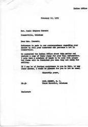 ["Mrs. Annie Grayson Cravatt wants to sell her homestead and purchase a lot in Connersville, Oklahoma. The Indian Office has been contacted regarding this matter, and a copy of their reply has been enclosed. The land sale for Mrs. Cravatt's property is tentatively scheduled for April. Previously, her land was offered for sale in 1957 but she did not sign the deed due to price concerns. The purchase of a lot in Connersville will be considered after the sale of her land is completed. Congressman Carl Albert has offered to assist in expediting the process."]